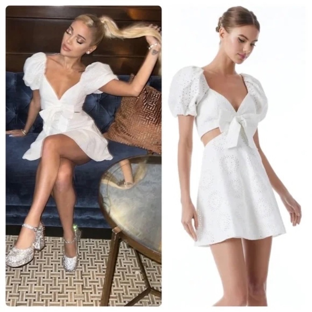 NEW Alice + Olivia Queenie Eyelet Puff Sleeve Mini Dress, White Cutout, size 4/S